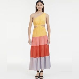 BCBGMAXAZRIA one shoulder cut out center pastel colorblock summer maxi dress